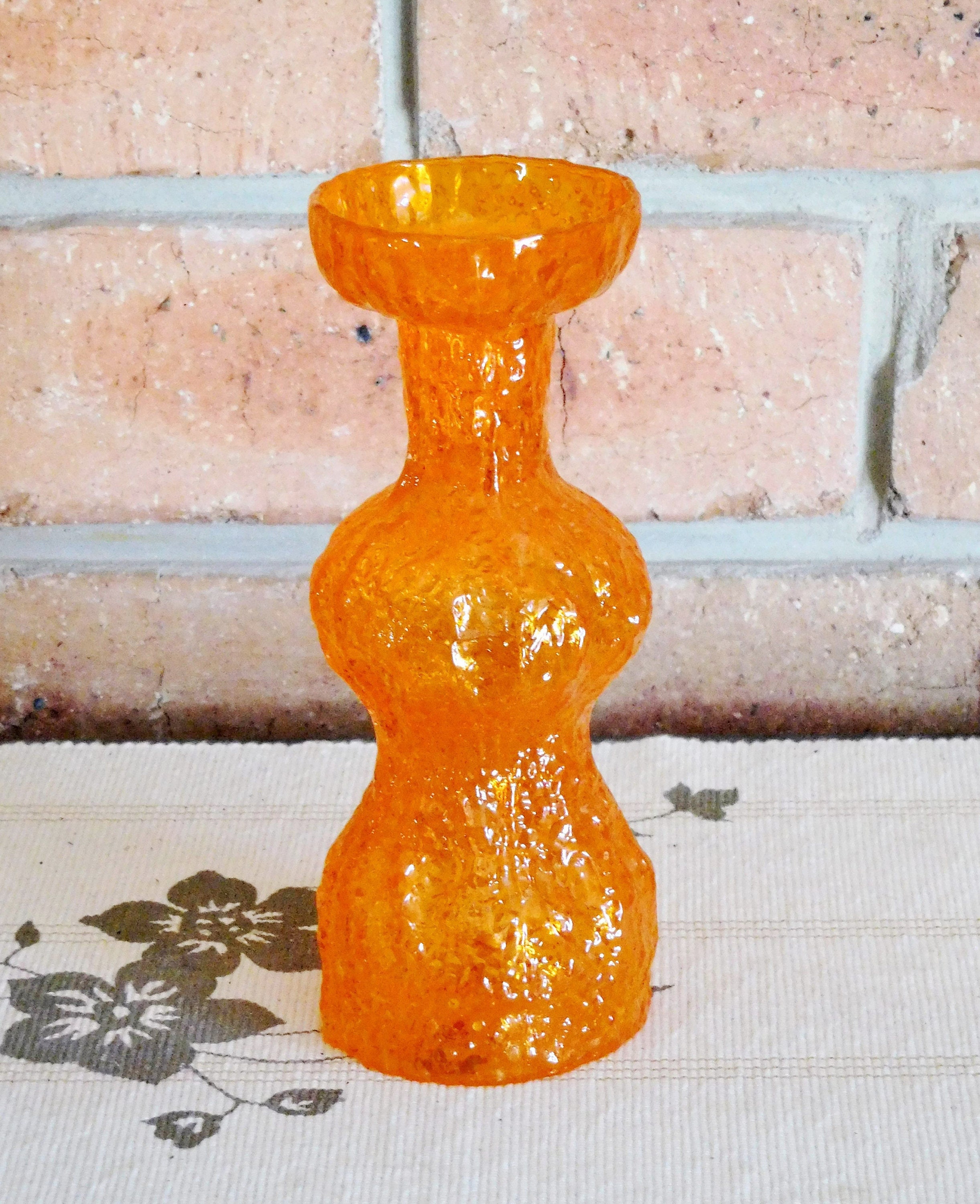 Japanese Old Colony textured bark glass orange, tangerine vase, 1960s