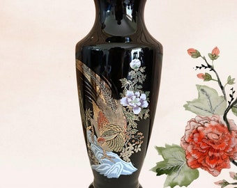 Japanese black kutani baluster vase bird motif vintage 1970s