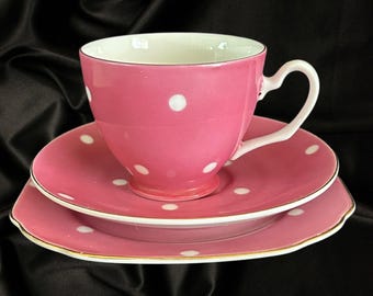 Cherry China Japan vintage 1930s pink and white polka dot trio