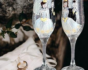 1990s vintage pair wedding champagne artwork toasting flutes