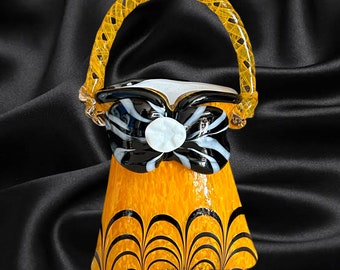 1970s orange, black and white studio art hand blown and crafted glass handbag vase