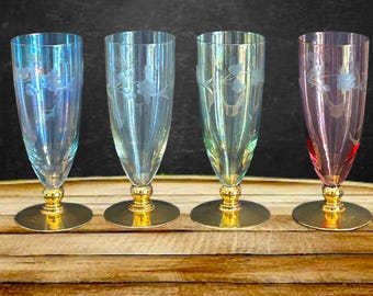 French mid-century 1950s set of 4 small harlequin etched gold footed lusterware champagne flutes glasses made in France