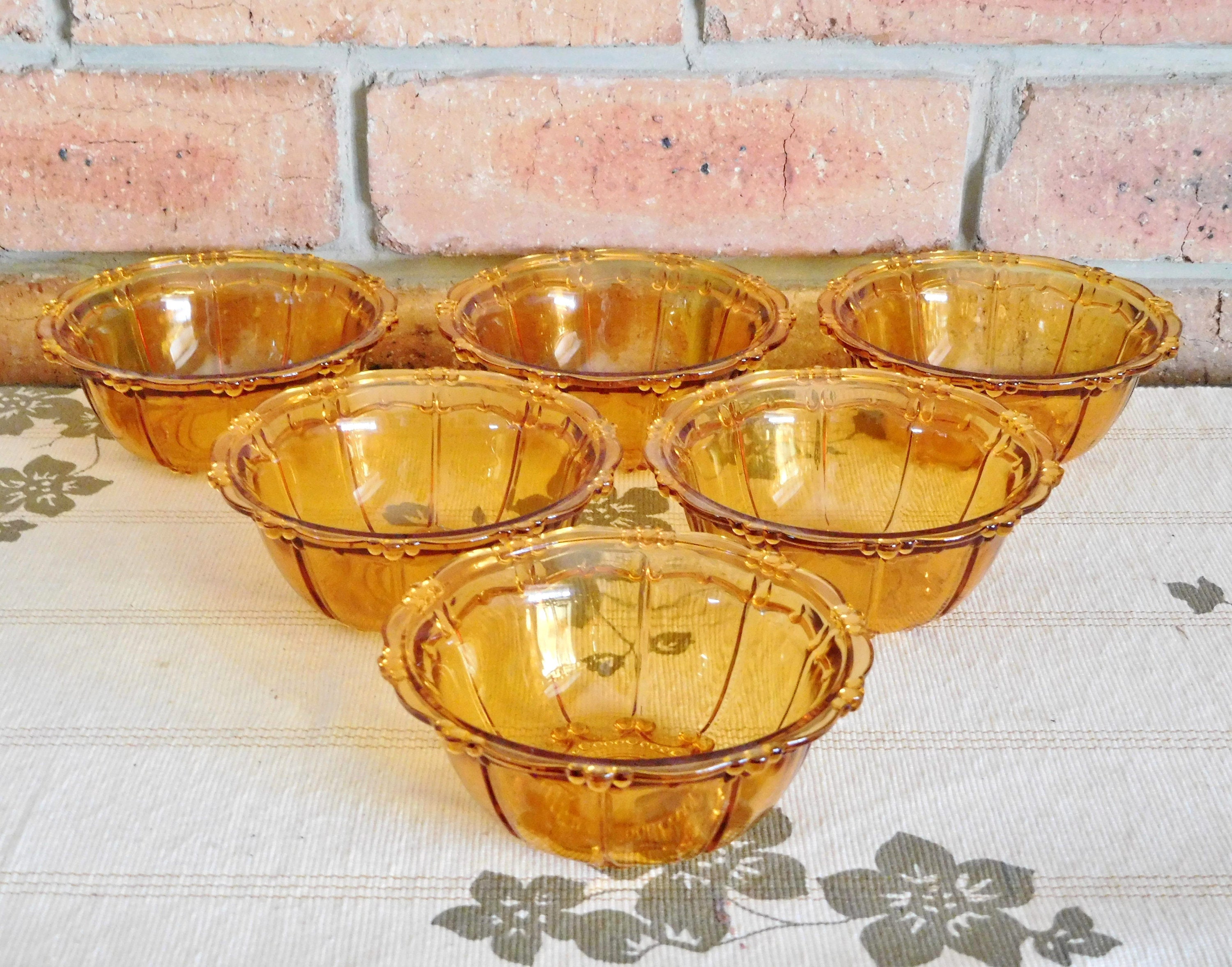 6 amber glass mid century small dessert, fruit bowls; vintage 1940s