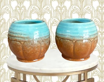 Vintage 1940s unsigned Diana Ware pottery drip glaze 8cm mini planter pots, vases