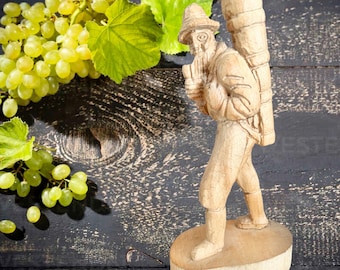 German hand chiselled and carved 35cm naive beech wood style figurine Old Man with Grape Hod