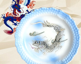 Blue Moriage dragonware 1940s fine Japanese eggshell porcelain pin dish