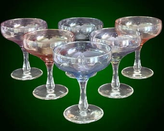 Vintage 1950s set of 6 harlequin lusterware coupe champagne glasses