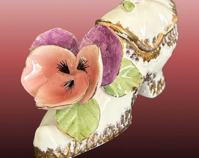 Featured listing image: Vintage 1960s porcelain ornate ladies shoe trinket ring box with lid pansy flower detail