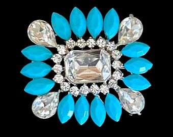 Vintage 1990s upcycled faux blue turquoise and clear crystal brooch
