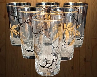 1960s set of 6 small drinking glass tumblers gold and black fern motif