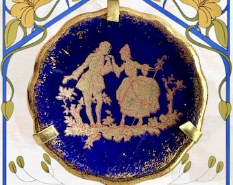 Limoges France 4cm mini blue and gold courting couple collectible porcelain plate in standing frame vintage 1970s