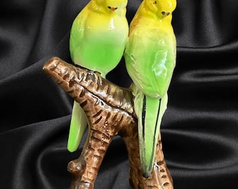 Green and yellow budgie parakeet pair small ceramic figurine vintage 1960s