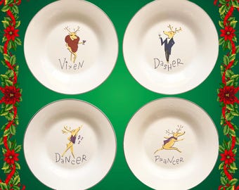 Pottery Barn Christmas Reindeer Dessert Plates Vixen, Dasher, Dancer, Prancer in original box