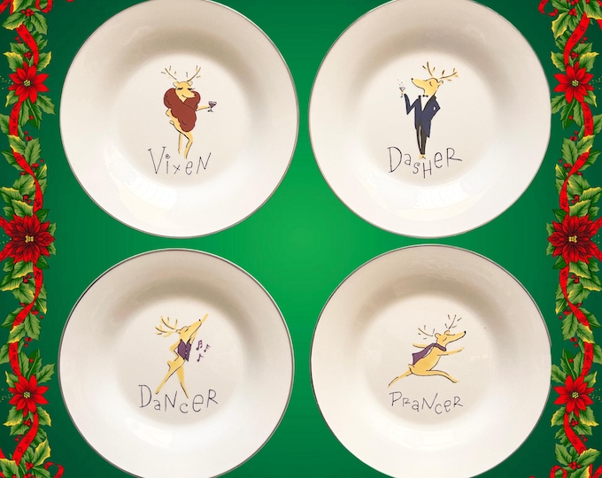Featured listing image: Pottery Barn Christmas Reindeer Dessert Plates Vixen, Dasher, Dancer, Prancer in original box