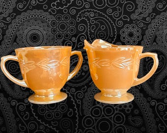 Anchor Hocking Fire King peach luster vintage 1960s sugar bowl and creamer