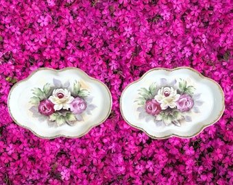 Meridian Japan hand painted pair of fine bone china porcelain pin dishes rose floral theme vintage 1960s