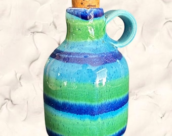 Baldelli Italy vintage 1960s small 10.5cm blue green glazed pottery decanter with cork