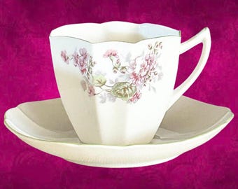 Art Deco 1920s fine bone china octagonal cup saucer duo floral theme, unmarked