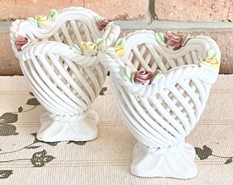 3 Vintage Capodimonte Woven Porcelain Basket Ring Dishes Italian Faience Bowls Majolica Spaghetti ware Reticulated Shabby Chic Kitsch Decor