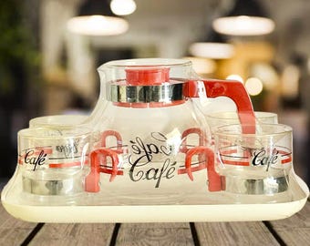 Randwyck Maastricht Holland 'Cafe' small glass coffee pot with 4 mugs on tray in original shrink wrapping