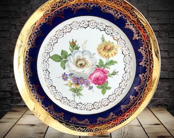 Gloria Fine Porcelain Bavaria Handwork Bayreuth vintage 1940s gold edged floral decorative plate