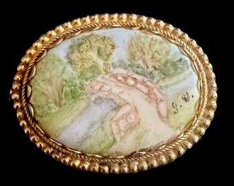 Handpainted signed vintage 1980s porcelain brooch bridge landscape scene