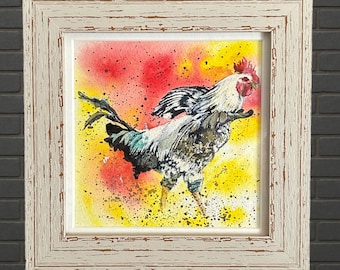 Original Lindsay MacLeod vintage watercolor signed and framed rooster cottagecore rustic painting 20cm square