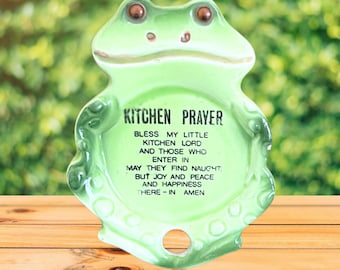 Kitchen Prayer vintage 1960s small green porcelain frog spoon rest