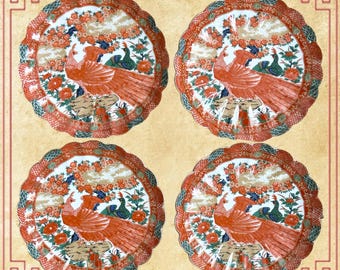 Arita Imari Japan fine porcelain set of 4 scallop edge peacock side plates vintage 1960s