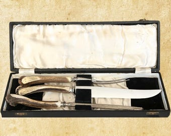 Trustwell Brothers Sheffield England vintage 1940s stag horn antler handle stainless steel carving set