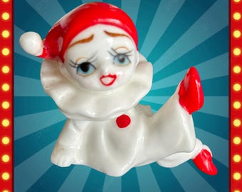 Vintage 1960s Japanese porcelain china mini Pierrot clown seated figurine