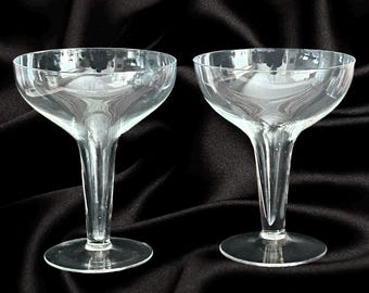 Champagne hollow stem coupe glasses pair vintage 1960s