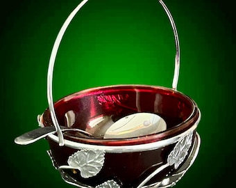 Ruby red glass jam jelly bowl in silver tone basket with spoon vintage 1990s