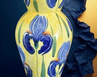 McGregor Ceramics Australia Anna Chandler design vintage 1990s yellow with blue iris studio pottery vase