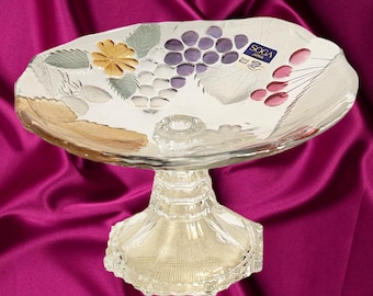 Soga Japan vintage 1980s clear glass with fruit and leaf design comport cake or biscuit stand, fruit bowl original label intact never used