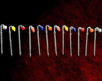 Vintage Lauscha Bimini Lampwork Glass Cocktail Picks, Fruit Motif, Set of 12
