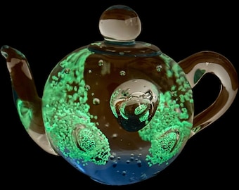 Vintage 1970s small handblown studio glass glow in dark teapot paperweight