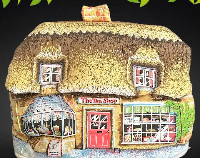 Featured listing image: Sari Fabrics England The Tea Shop thatched cottage tea cozy vintage 1980s