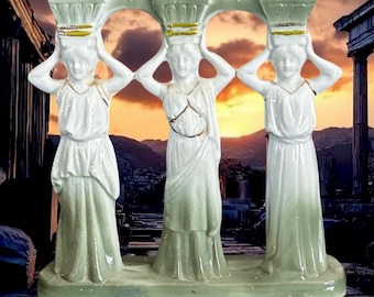 Antique 1800s porcelain ceramic three Greek maidens triptych candle holder