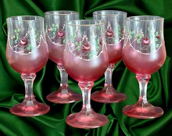 Bohemia Czech vintage 1960s cranberry hand decorated rose pattern set of 5 wine glasses