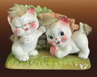Pretty Kitty vintage 1950s Japanese porcelain kitsch anthropomorphic figurine cats playing by wall