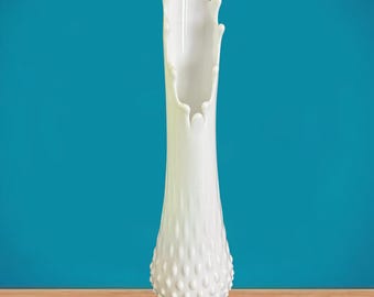 Fenton vintage MCM 1960s white milk glass hobnail swung vase 32cm