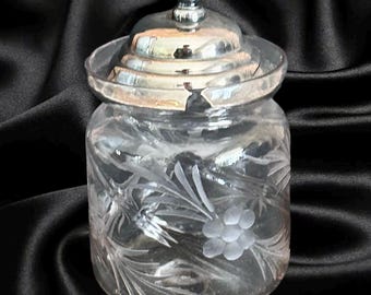 1940s vintage etched crystal glass small sugar pot with silverplate lid