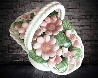 Capodimonte open weave mini pottery basket with pink flowers made in Italy vintage 1950s