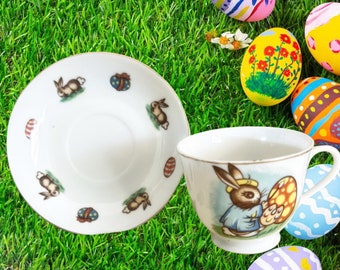 Superior Quality Made in Japan vintage 1950s child sized tea cup and saucer duo Easter Bunny theme