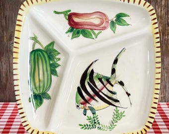 Kitsch Japanese vintage 1960s square ceramic divided party serving dish
