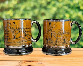 Arthur Wood Ye Olde Coaching & Hunting Days glazed brown tankard mugs vintage 1930s