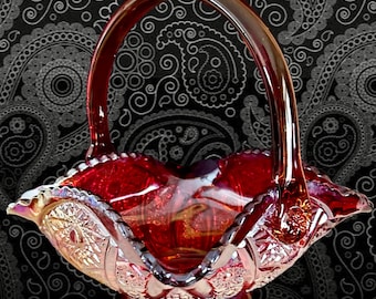 Heirloom Sunset 23cm iridescent red carnival glass basket by Indiana Glass vintage 1970s