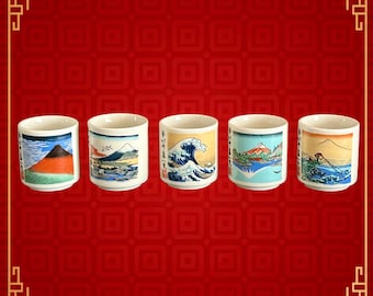 Tokaido Ukiyo-e set of 5 vintage-style art inspired sake cups designed by Hokusai