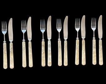 Pearl handle set of 6 unbranded knives and forks vintage 1930s cutlery flatware